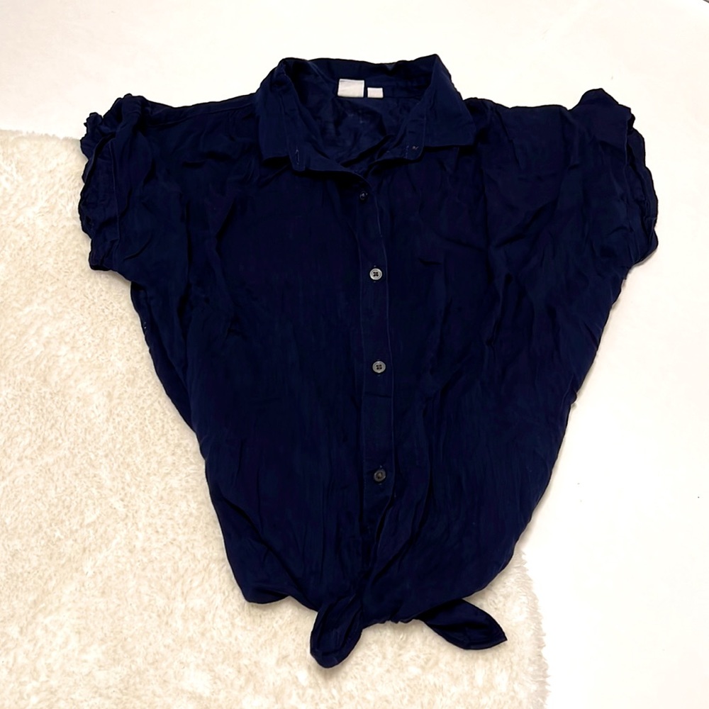 Old Navy Tie Knot Navy Linen Blend Button Down with Pleated Back Top